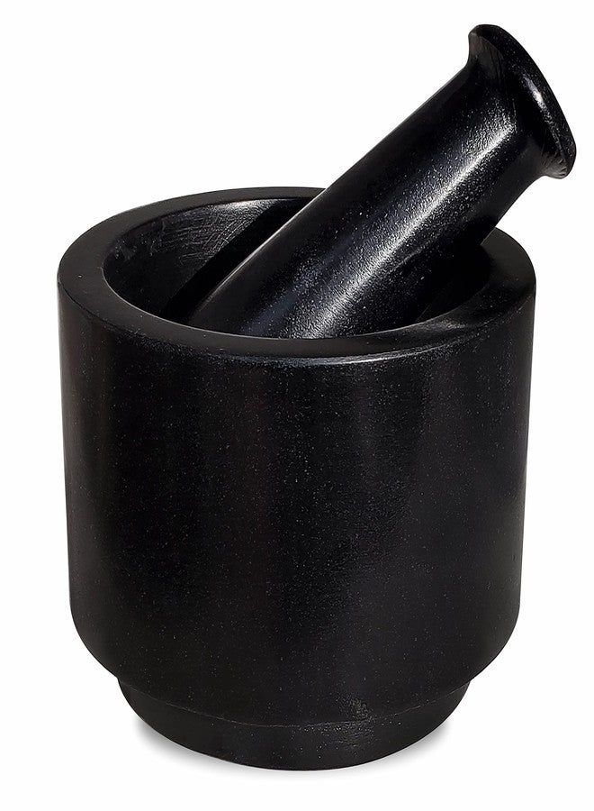 بيور سورس انديا طقم هاون ومدقة من حجر الرخام الأسود من بيور سورس إنديا للتوابل، هاون ومدقة، حجر خلباتا، خرال، خلاط، مطحنة طبيعية وتقليدية، موسال، مطحنة أعشاب، 5 بوصة - Image 1